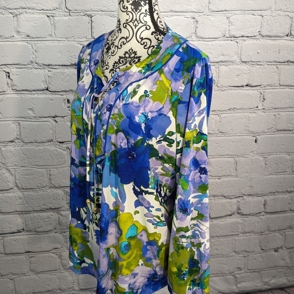 Susan Graver Women's Long Sleeve Stretch Knit Floral Print Sz L Top Tie Front B6 - Picture 11 of 12